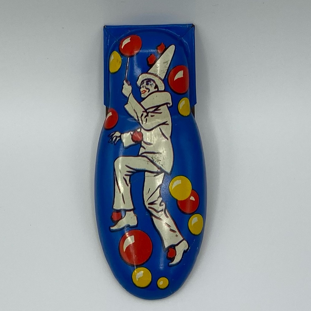 Tin Clown Clicker Noisemaker Vintage Kirchhof US Blue Red White Scratches Nicks